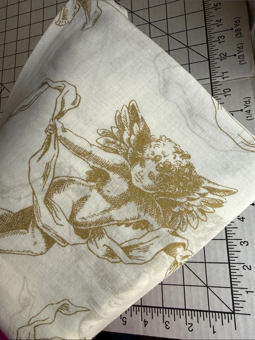 1¾ Yds Vintage Style Cherub Voile Fabric 58” Wide Semi Sheer Ivory Gold Romantic